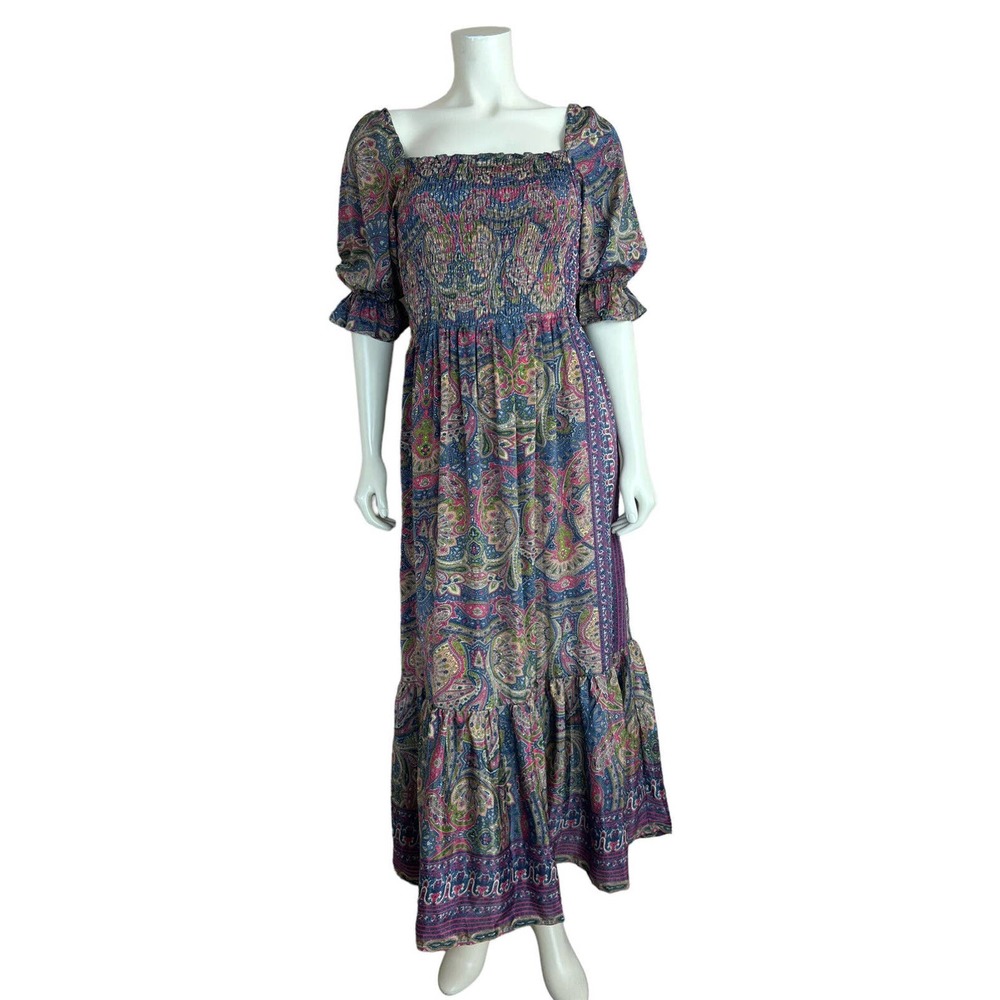 NEW Perry Walker Collective Smocked Midi Dress S Paisley Print Silk Boho Peasant
